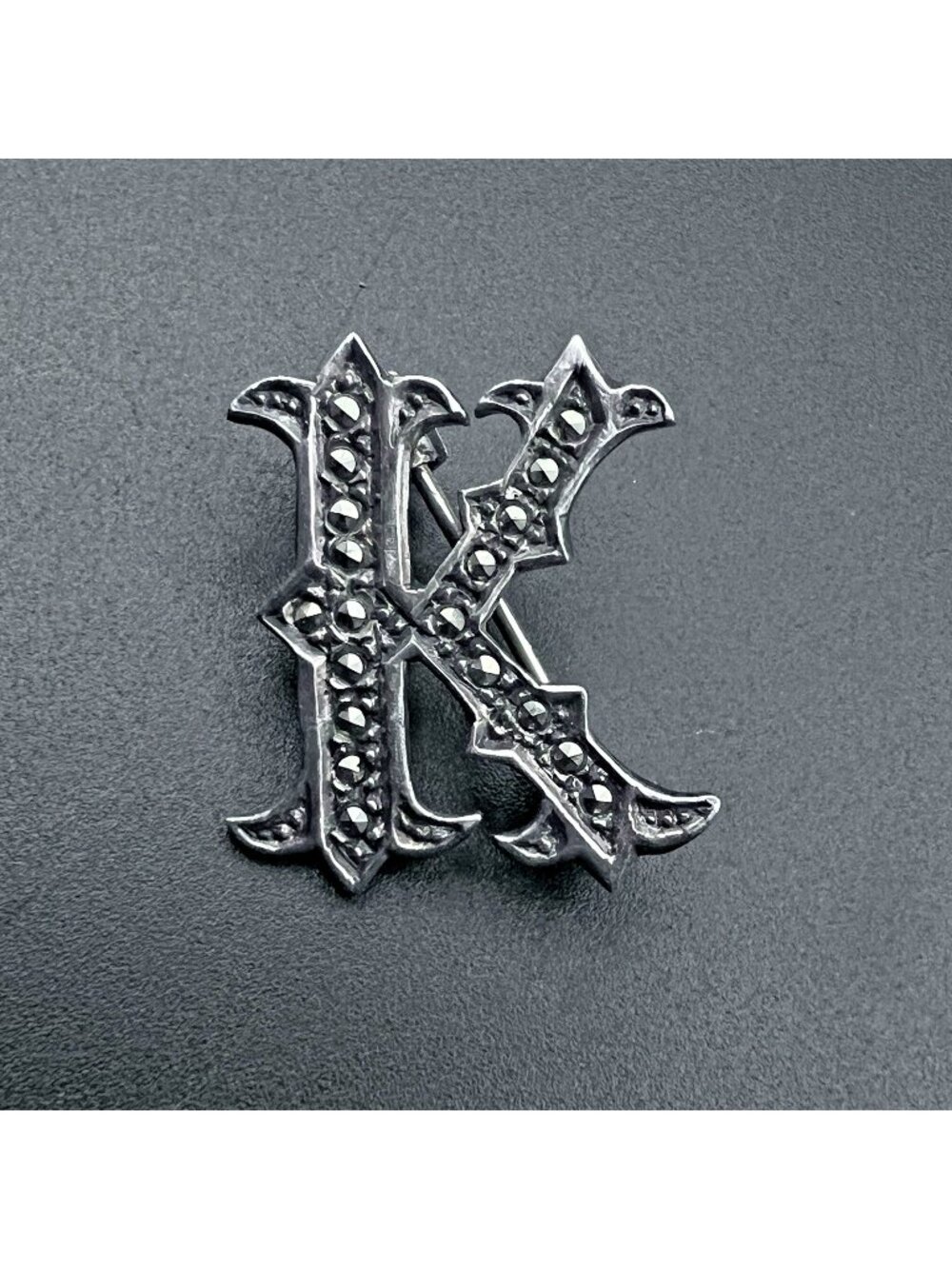 Vintage Sterling Silver & Marcasite Victorian Initial K Brooch Pin 1" 3.6g